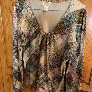 Talbots Scoop V Neck Top PS Blue Black Tan  77% Silk